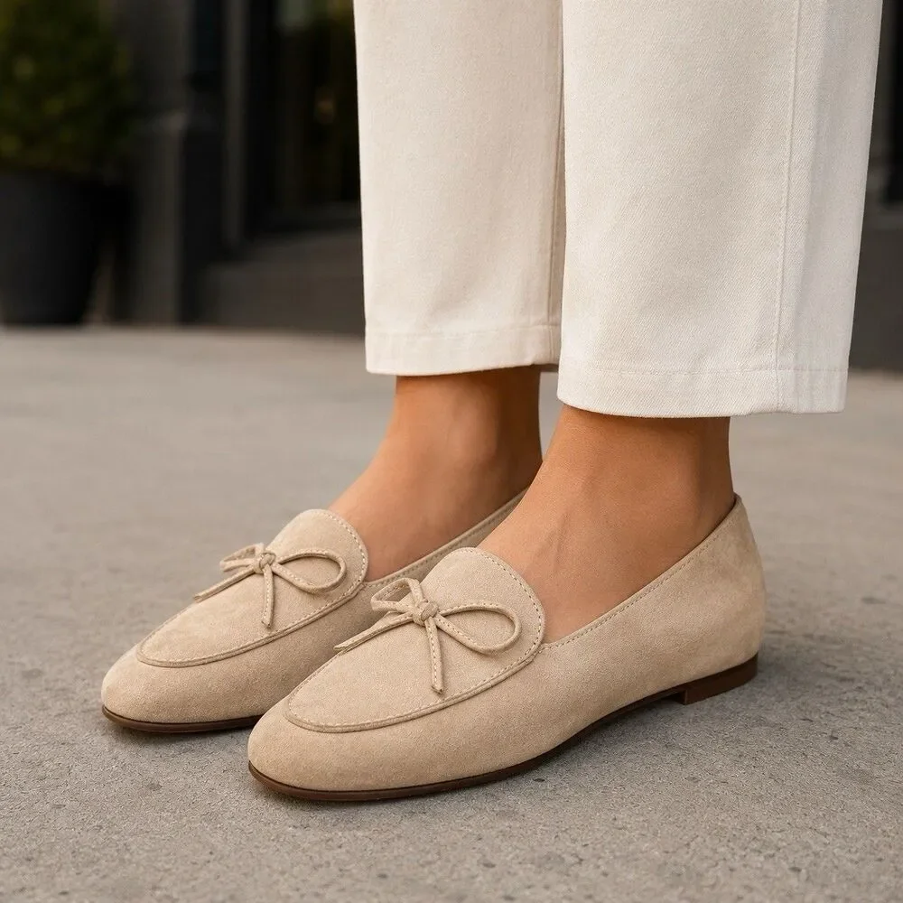 J Crew Shoes Womens‎ 7 Beige Faux Suede Bow Loafers Ballet Flats Feminine
